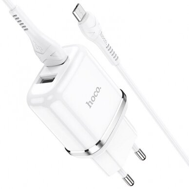 Įkroviklis buitinis Hoco N4 su dviem USB jungtimis + MicroUSB (2.4A) baltas