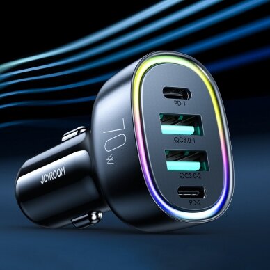 Joyroom car charger 70W with 4 ports: 2 x USB C, 2 x USB Juodas (JR-CL29) 1