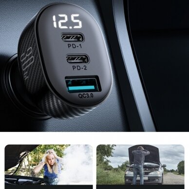 Joyroom JR-CCD04 30W 2x USB-C USB-A car charger with display - black 12