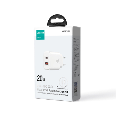 Joyroom JR-TCF05 20W USB-C / USB-A Fast Dual Port Wall Charger - White + USB-C - Lightning 1m 12