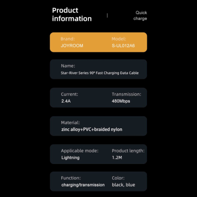 Joyroom S-UL012A6 USB-A angled Kabelis - Ligtning 2.4A 1.2m - blue 11
