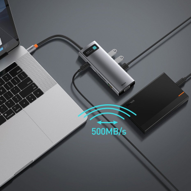 Jungčių Daugiklis Baseus Metal Gleam 9in1 multifunctional HUB USB Type C - 3x USB 3.2 Gen 1 5Gbps / USB Type C PD 100W / VGA Full HD 60Hz / HDMI 4K 30Hz / czytnik kart TF i SD / RJ45 1Gbps Pilkas (CAHUB-CU0G) UGLX912 15