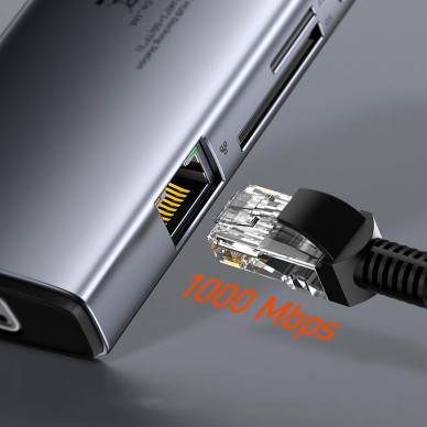 Jungčių Daugiklis Baseus Metal Gleam 9in1 multifunctional HUB USB Type C - 3x USB 3.2 Gen 1 5Gbps / USB Type C PD 100W / VGA Full HD 60Hz / HDMI 4K 30Hz / czytnik kart TF i SD / RJ45 1Gbps Pilkas (CAHUB-CU0G) UGLX912 16