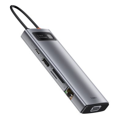 Jungčių Daugiklis Baseus Metal Gleam 9in1 multifunctional HUB USB Type C - 3x USB 3.2 Gen 1 5Gbps / USB Type C PD 100W / VGA Full HD 60Hz / HDMI 4K 30Hz / czytnik kart TF i SD / RJ45 1Gbps Pilkas (CAHUB-CU0G) UGLX912 3