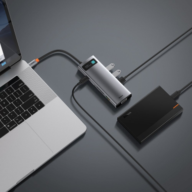 Jungčių Daugiklis Baseus Metal Gleam 9in1 multifunctional HUB USB Type C - 3x USB 3.2 Gen 1 5Gbps / USB Type C PD 100W / VGA Full HD 60Hz / HDMI 4K 30Hz / czytnik kart TF i SD / RJ45 1Gbps Pilkas (CAHUB-CU0G) UGLX912 9