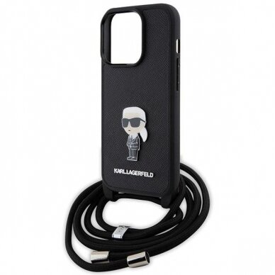 Karl Lagerfeld Crossbody Saffiano Monogram Metal Pin Karl &amp; Choupette Case for iPhone 15 Pro - Black 4