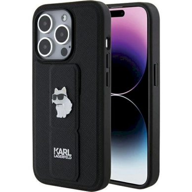 Karl Lagerfeld Gripstand Saffiano Choupette Pins Dėklas skirtas iPhone 15 Pro - Juodas