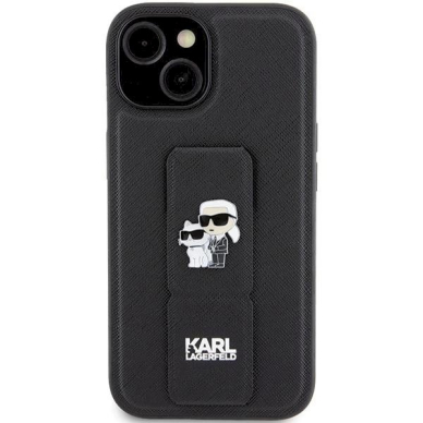 Karl Lagerfeld Gripstand Saffiano Karl&amp;Choupette Pins Dėklas skirtas iPhone 15 - Juodas 2