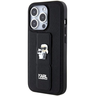 Karl Lagerfeld Gripstand Saffiano Karl&amp;Choupette Pins Dėklas skirtas iPhone 15 Pro - Juodas 2