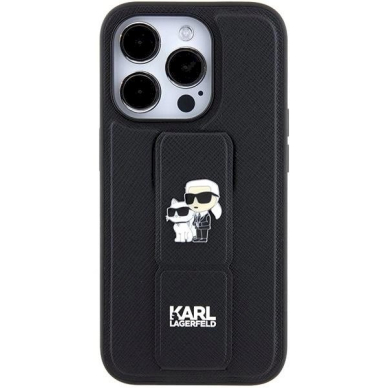 Karl Lagerfeld Gripstand Saffiano Karl&amp;Choupette Pins Dėklas skirtas iPhone 15 Pro - Juodas 3