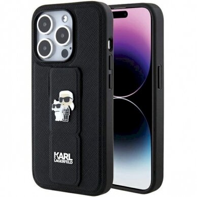 Karl Lagerfeld Gripstand Saffiano Karl&amp;Choupette Pins Dėklas skirtas iPhone 15 Pro - Juodas