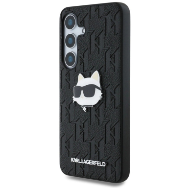 Karl Lagerfeld Leather Monogram Pin Logo Choupette Head Samsung Galaxy S25 Dėklas Juodas 1