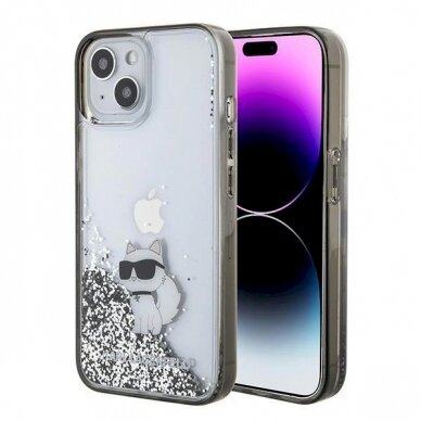 Karl Lagerfeld Liquid Glitter Choupette dėklas skirtas iPhone 15 - Permatomas