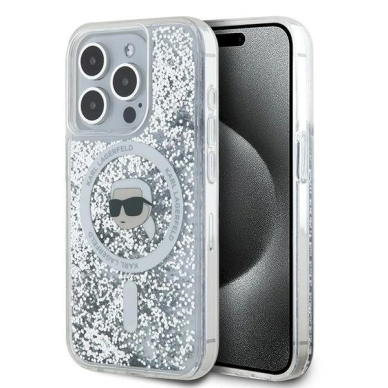 Karl Lagerfeld Liquid Glitter Karl Head MagSafe dėklas iPhone 15 Pro Max - Permatomas