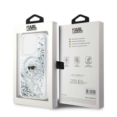 Karl Lagerfeld Liquid Glitter Karl Head MagSafe dėklas iPhone 15 Pro - Permatomas 7