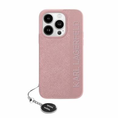 Karl Lagerfeld Saffiano Rhinestones  Charm dėklas iPhone 15 Pro Max - Rožinis