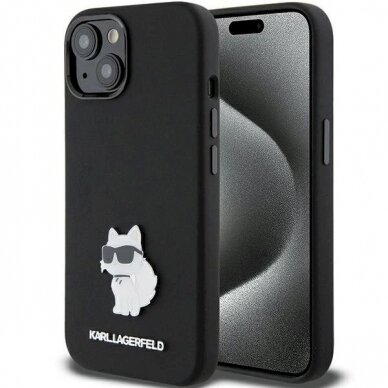 Karl Lagerfeld Silicone Choupette Metal Pin dėklas skirtas iPhone 15 - Juodas