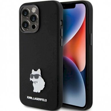 Karl Lagerfeld Silicone Choupette Metal Pin dėklas skirtas iPhone 15 Pro - Juodas