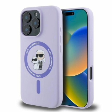 Karl Lagerfeld Silicone Karl&amp;Choupette Heads Ring MagSafe Dėklas iPhone 16 Pro - violetinis