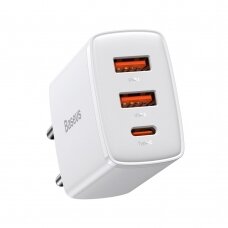 Kompaktinis Greitas Buitinis Įkroviklis Baseus Compact quick charger USB Type C / 2x USB 30W 3A Power Delivery Quick Charge Baltas (CCXJ-E02)