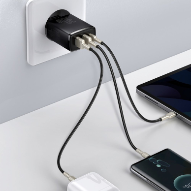 Kompaktinis Greitas Buitinis Įkroviklis Baseus Compact quick charger USB Type C / 2x USB 30W 3A Power Delivery Quick Charge Juodas (CCXJ-E01) 8