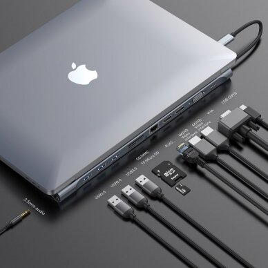 MacBook / notebook stovas adapteris HUB iš Type-C į  PD / VGA / HDMI / RJ45 / USB 3.0 / SD, TF, micro SD card reader 1