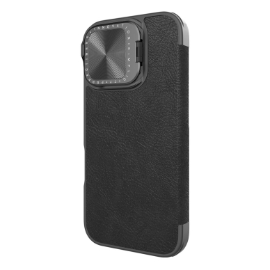 Nillkin Qin Prop Leather Case with Camera Cover and Stand for iPhone 16 - Juodas 1