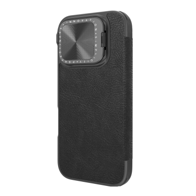 Nillkin Qin Prop Leather Case with Camera Cover and Stand for iPhone 16 Pro Max - Juodas 1