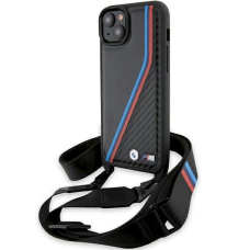 Originalus BMW dėklas M Edition Carbon Tricolor Lines &amp; StrapiPhone 15 Plus / 14 Plus - juodas