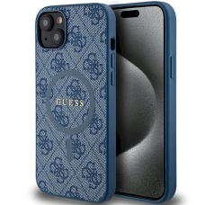 Originalus Guess dėklas 4G Collection Leather Metal Logo MagSafeiPhone 15 Plus / 14 Plus - Mėlynas