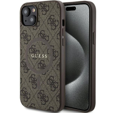 Originalus Guess dėklas 4G Collection Leather Metal Logo MagSafeiPhone 15 Plus / 14 Plus - Rudas