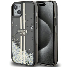 Originalus Guess dėklas Liquid Glitter Auksinis StripesiPhone 15 / 14 / 13 - Juodas