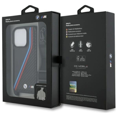 Orginalus BMW Dėklas M Edition Carbon Tricolor Lines  Strap  iPhone 16 Pro Max - Juodas 6