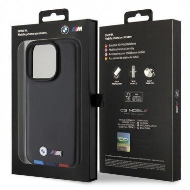 Originalus BMW dėklas BMHCP15L22PTDK iPhone 15 Pro 6.1  Juodas Leather Stamp Tricolor 7