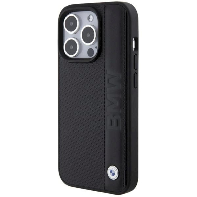 Originalus BMW dėklas Leather Textured & Stripe iPhone 15 Pro - Juodas