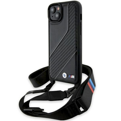 Originalus BMW dėklas M Edition Carbon Stripe &amp; StrapiPhone 15 Plus / 14 Plus - juodas