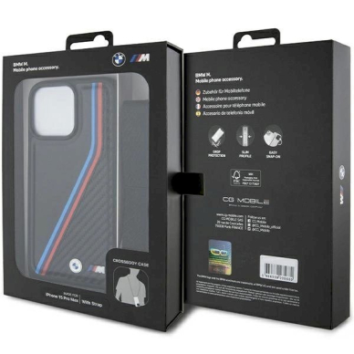 Originalus BMW dėklas M Edition Carbon Tricolor Lines &amp; StrapiPhone 15 Pro - juodas 6