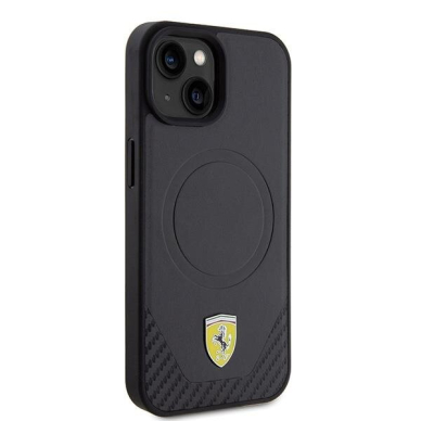 Originalus dėklas Ferrari FEHMP15SPTEK iPhone 15 6.1  Juodas hardcase Carbon Metal Logo MagSafe 3