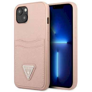 Originalus dėklas Guess GUHCP13MPSATPP iPhone 13 6.1 rožinis / rožinis hardcase SaffianoTriangle Logo Cardslot