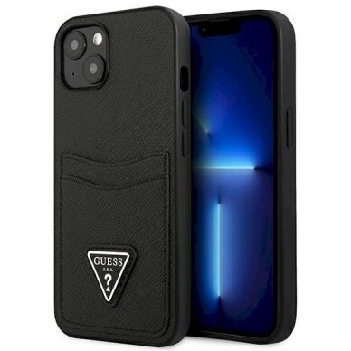 Originalus dėklas Guess GUHCP13SPSATPK iPhone 13 mini 5,4 Juodas hardcase SaffianoTriangle Logo Cardslot