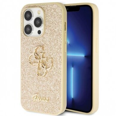 Originalus dėklas Guess GUHCP14LHG4SGD case skirta iPhone 14 Pro - gold Glitter Script Big 4G