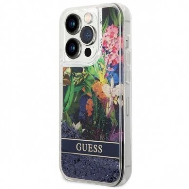 Originalus dėklas Guess GUHCP14LLFLSB iPhone 14 Pro 6.1 Mėlynas / Mėlynas hardcase Flower Liquid Glitter 1