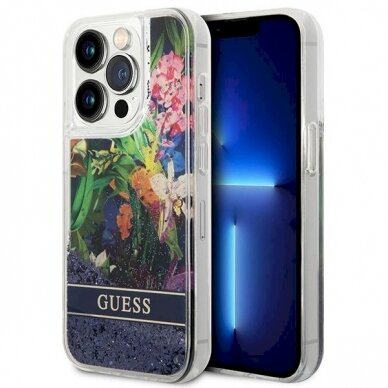 Originalus dėklas Guess GUHCP14LLFLSB iPhone 14 Pro 6.1 Mėlynas / Mėlynas hardcase Flower Liquid Glitter