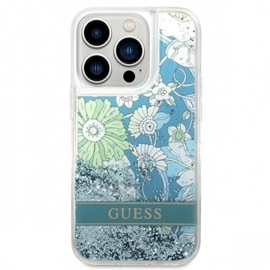 Originalus dėklas Guess GUHCP14LLFLSN iPhone 14 Pro 6.1  žalias/žalias hardcase Flower Liquid Glitter 2