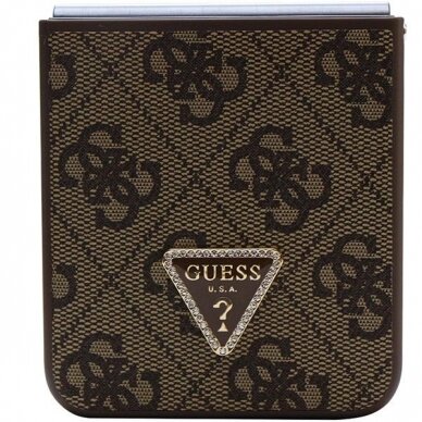 Originalus dėklas Guess GUHCZF5P4TDPW F731 Z Flip5 case - Rudas Leather 4G Triangle Strass 4