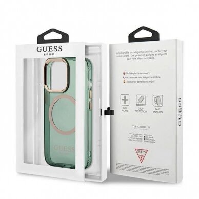 Originalus dėklas Guess GUHMP13LHTCMA iPhone 13 Pro / 13 6.1  žalias/khaki hard case Gold Outline Translucent MagSafe 7