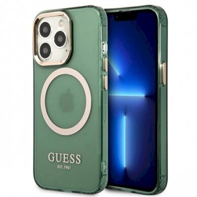 Originalus dėklas Guess GUHMP13LHTCMA iPhone 13 Pro / 13 6.1  žalias/khaki hard case Gold Outline Translucent MagSafe