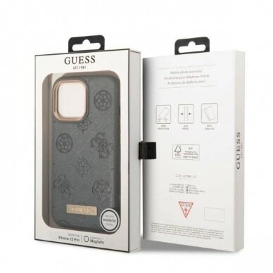 Originalus dėklas Guess GUHMP13LSAPSTG iPhone 13 Pro / 13 6.1  Pilkas hardcase Peony Logo Plate MagSafe 7