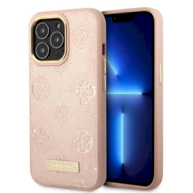 Originalus dėklas Guess GUHMP13LSAPSTP iPhone 13 Pro / 13 6.1  rožinis/rožinis hardcase Peony Logo Plate MagSafe