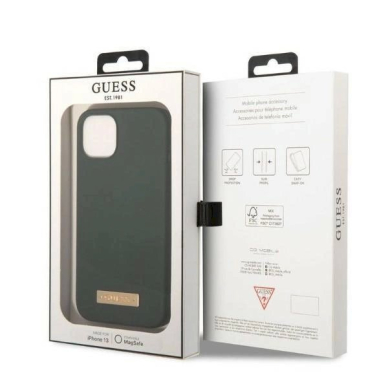 Originalus dėklas Guess GUHMP13MSBPLA iPhone 13 6.1  žalias/khaki hard case Silicone Logo Plate MagSafe 7